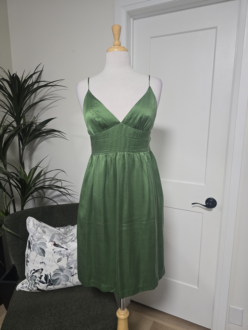 Green Satin Empire-Waist Spaghetti Strap Dress